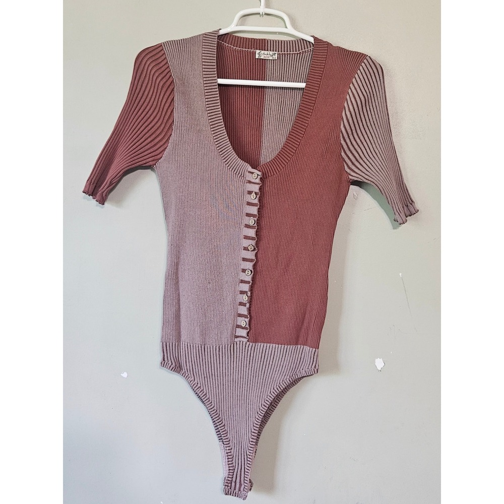 Intimately Free‎ People Ribbed Colorblock Bodice Button Front Mauve Terracotta L